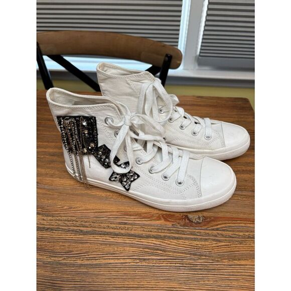 Lauren Lorraine Shoes - Lauren Lorraine White High-Top Sneakers with Black Beaded Patches and Chains